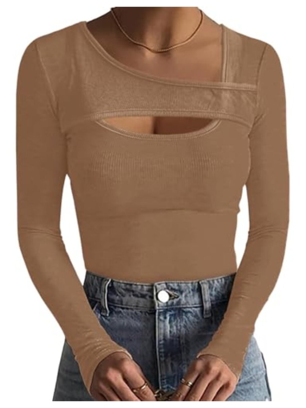 Women's Ribbed Cutout Long Sleeve Slim Fit Blouse Pullover Top